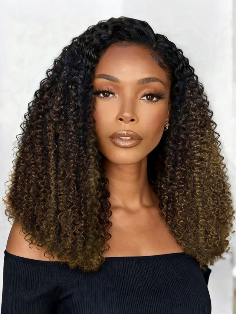 UNice Flip Over Half Wig Black to Chestnut Brown Ombre Kinky Curly Wig