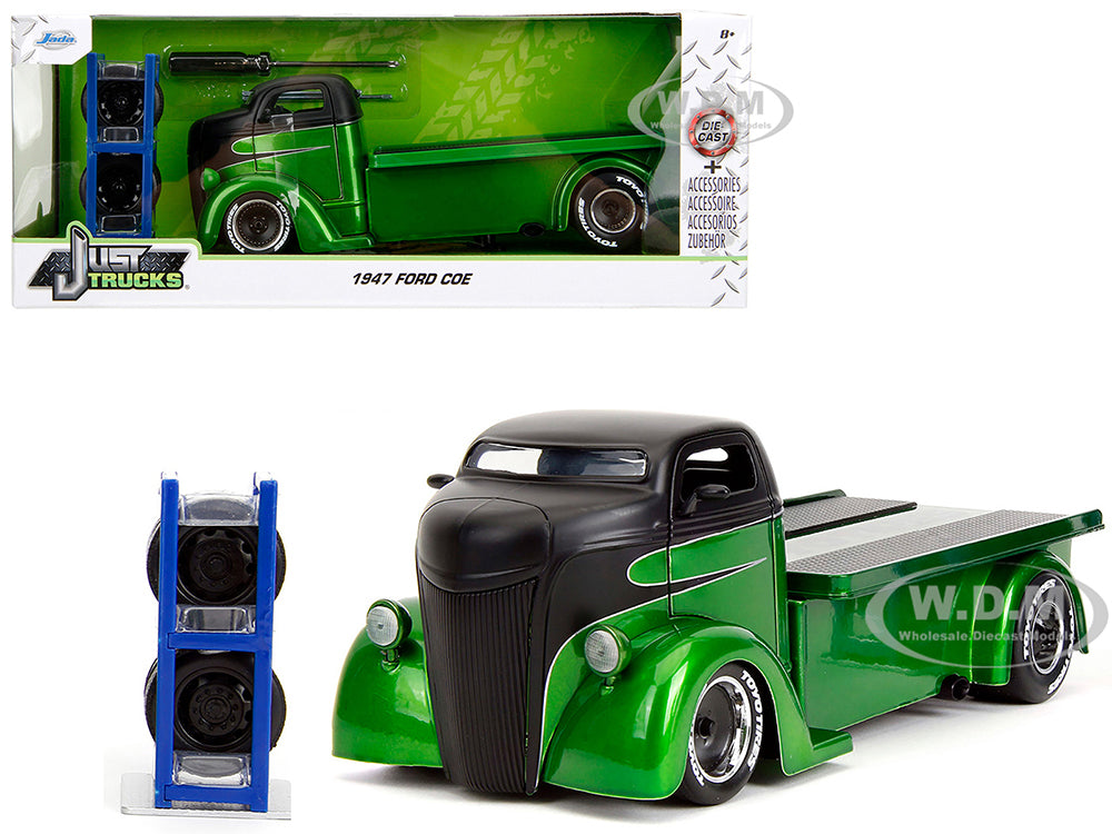1947 Ford COE Flatbed Truck Green Metallic and Matt Black "Toyo Tires" with Extra Wheels "Just Trucks" Series 1-24 Diecast Model Car by Jada