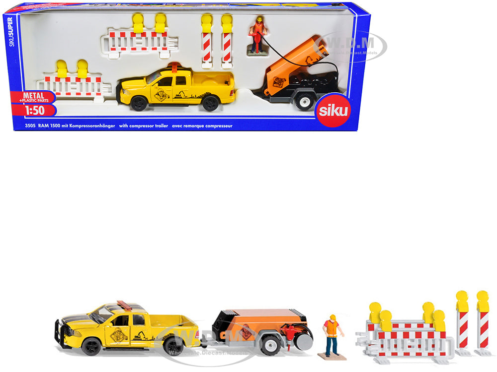 Ram 1500 Pickup Truck Yellow with Compressor Trailer and Worker Figure with Accessories Set 1-50 Diecast Models by Siku