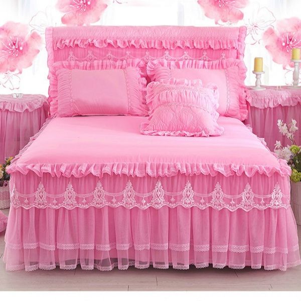 Bed Skirt Pink Lace Ruffle Princess Bedding Bed Skirt Pillowcases Solid Color Mattress Cover Bedspreads Sheet Home Textile 230720