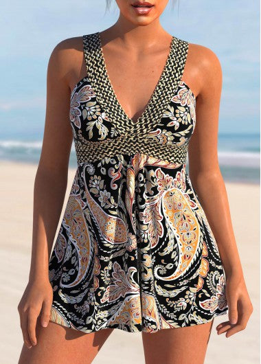 Modlily Patchwork Paisley Print Black Tankini Set - S