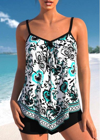 Modlily Handkerchief Hem Random Floral Print White Tankini Top - XL