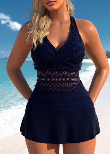 Modlily Lace Surplice V Neck Navy Tankini Set - XL