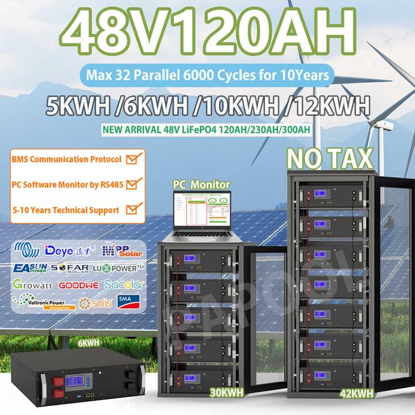 LiFePO4 48V 120Ah 100Ah 200Ah Battery Pack 6.14KWH 16S 51.2V BMS RS485 CAN 6000 Cycle 6144Wh 32pcs Parallel PC Monitor EU NO TAX