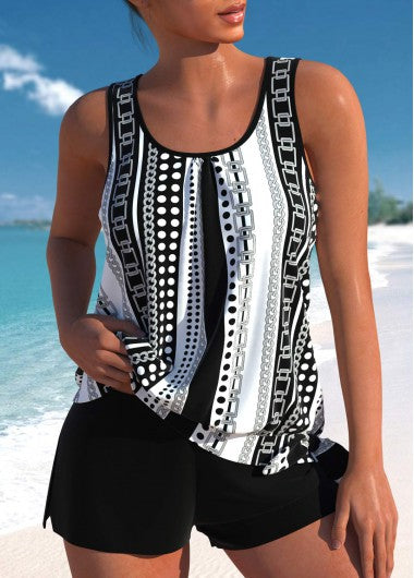 Modlily Bowknot Geometric Print Black Tankini Set - S