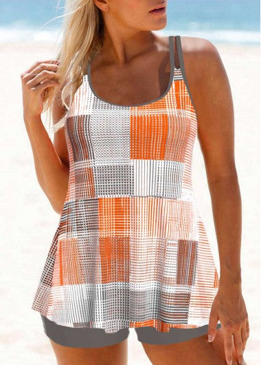 Modlily Patchwork Geometric Print Orange Tankini Set - M