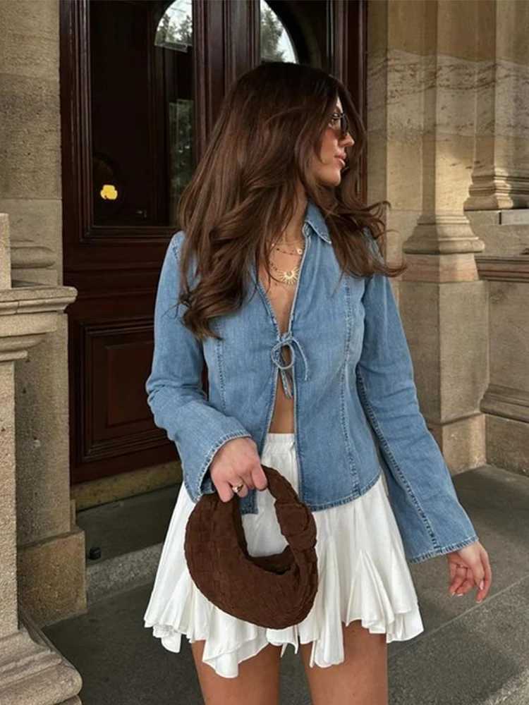 V-Neck Denim Cardigan Jacket Lace Up Slim Fit Women Basic Denim Top Fashion Casual Female Shirt Coat Spring Autumn OuterwearsX240920