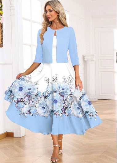 Modlily Light Blue Two Piece Floral Print Dress and Cardigan - XL