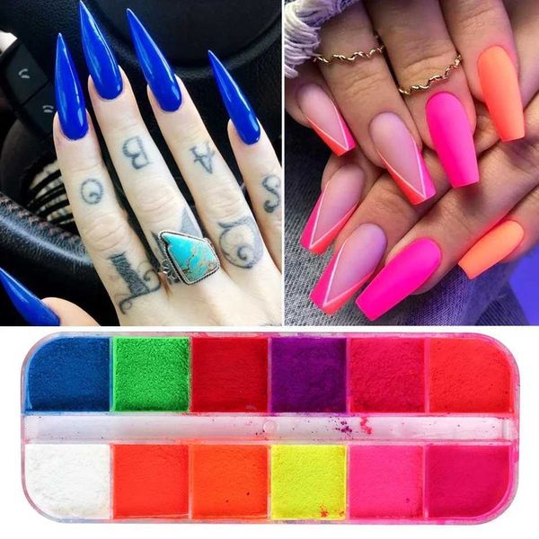 12Grid Fluorescence Pigment Powder Nail Art Glitter Dust Dipping Powder Polish Rub Hot Pink Yellow Blue Nail Supplies Decor JIYEC250108
