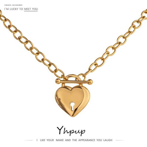 Pendant Necklaces Yhpup Romantic Heart Lock Pendant Stainless Steel Necklace for Women Temperament Metal Texture 18 K Plated Choker Charm Je