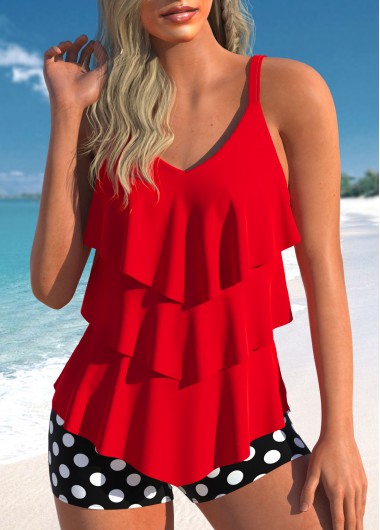 Modlily Handkerchief Hem Polka Dot Red Tankini Set - XXL