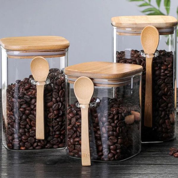Storage Bottles Square Glass Sealed Container Jar With Wooden Spoon Seasoning Box Coffee Bean Household