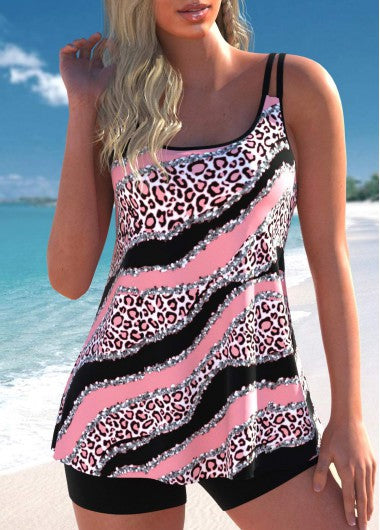 Modlily Scoop Neck Leopard Pink Tankini Set - L