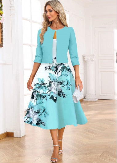 Modlily Light Blue Two Piece Floral Print Dress and Cardigan - XL