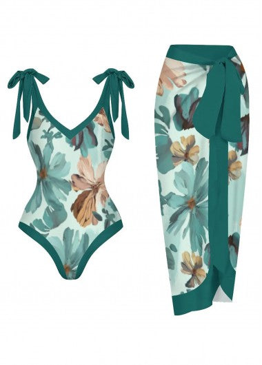 Modlily Floral Print Turquoise One Piece Swimwear and Skirt - XL