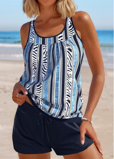 Modlily Patchwork Zebra Stripe Print Navy Tankini Set - S