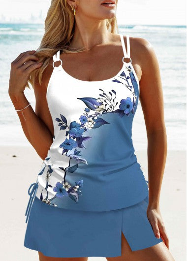 Modlily Circular Ring Floral Print Dusty Blue Tankini Set - XL