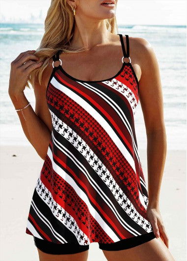 Modlily Circular Ring Striped Red Tankini Top - M