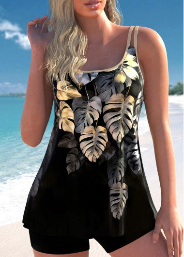 Modlily Contrast Binding Tropical Plants Print Golden Tankini Top - S
