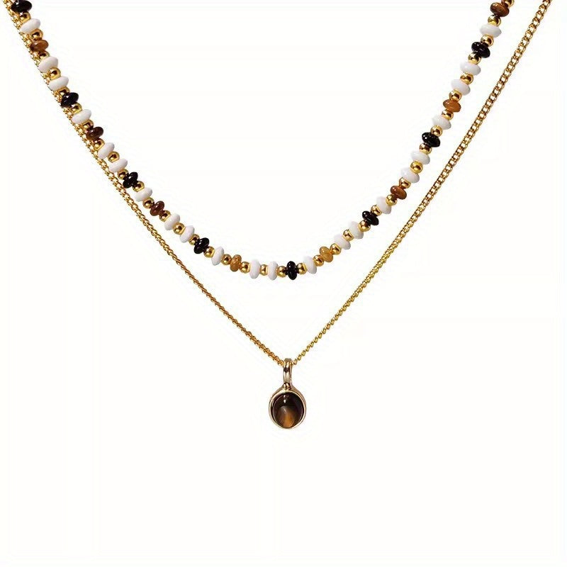 TEMU Vintage Double Layered Beaded Necklace With Natural Eye Pendant, Fashionable Hip Hop Street Style, Alloy Sweater Chain For Women, Daily And