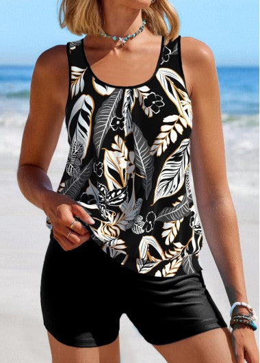 Modlily Patchwork Leaf Print Black Tankini Top - S
