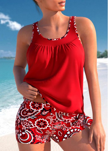 Modlily Bowknot Paisley Print Red Tankini Set - S