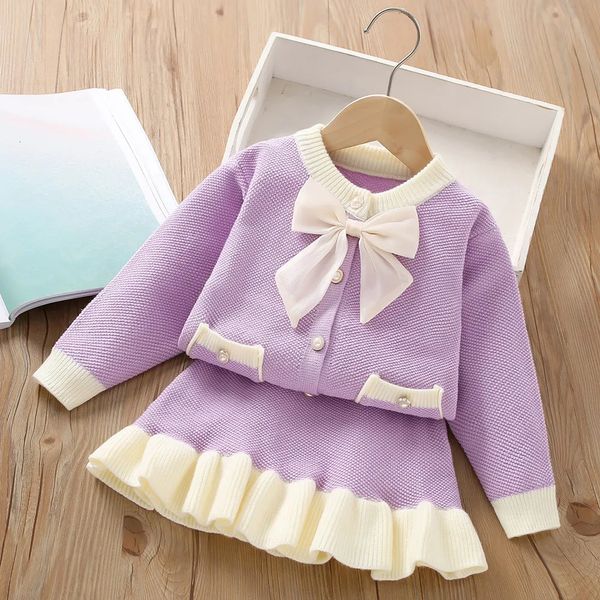 Clothing Childrens Sets Girls Sweater Autumn New Bow Knot Knitting Princess Style Two Piece Set Striped Round Collar Button Decorate b5e5