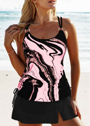 Modlily Circular Ring Wave Pattern Print Pink Tankini Set - M