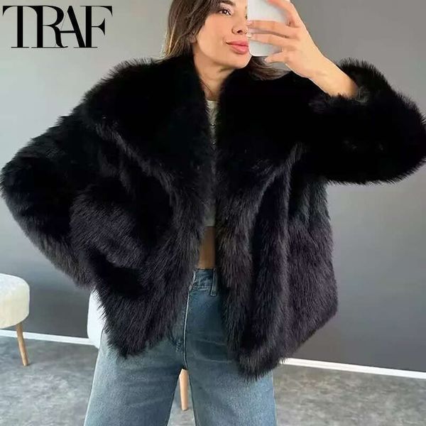 TRAF Winter Faux 2024 Woman New In Coats Autumn Plush Fluffy Jacket Warm Red Gray Black White Fur Coat Outerwears