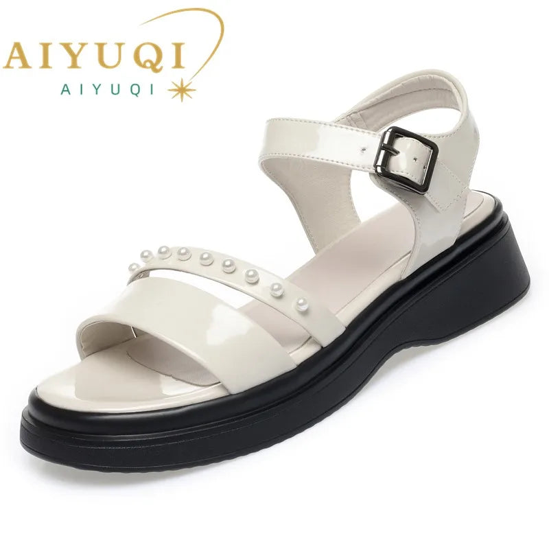 AIYUQI Women Sandals Wedge Summer Genuine Leather Women Sandals Fashion Roman Open-toed Sandals Women
