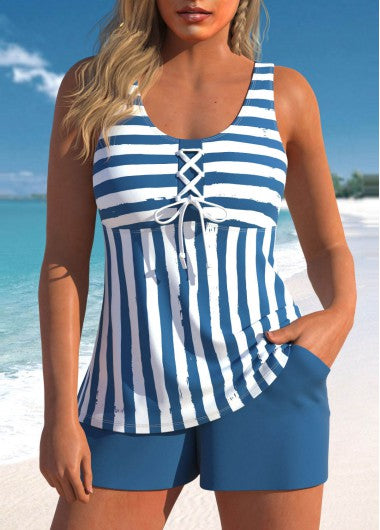 Modlily Lace Up Striped Blue Tankini Set - XL