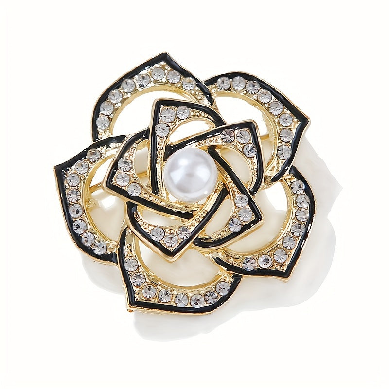 TEMU Elegant Camellia Flower Brooch Pin - Luxurious Golden-tone With Pearl & Accents, Versatile Fashion Accessory For Women, Casual Attire Or Formal