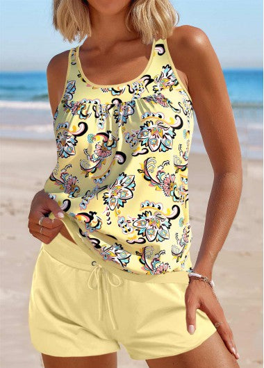 Modlily Patchwork Tribal Print Light Yellow Tankini Set - S