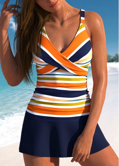 Modlily Surplice Multi Stripe Print Navy Tankini Set - M