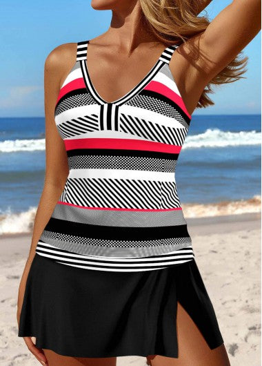 Modlily V Neck Split Striped Black Tankini Set - XXL