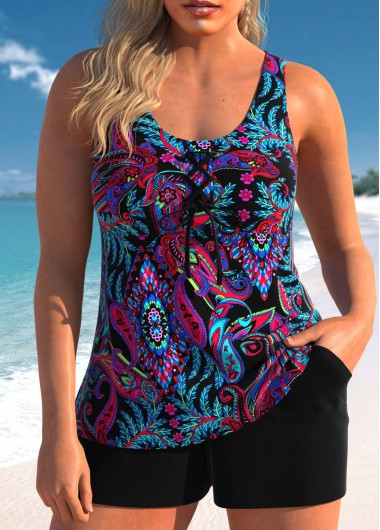 Modlily Lace Up Paisley Print Black Tankini Set - M