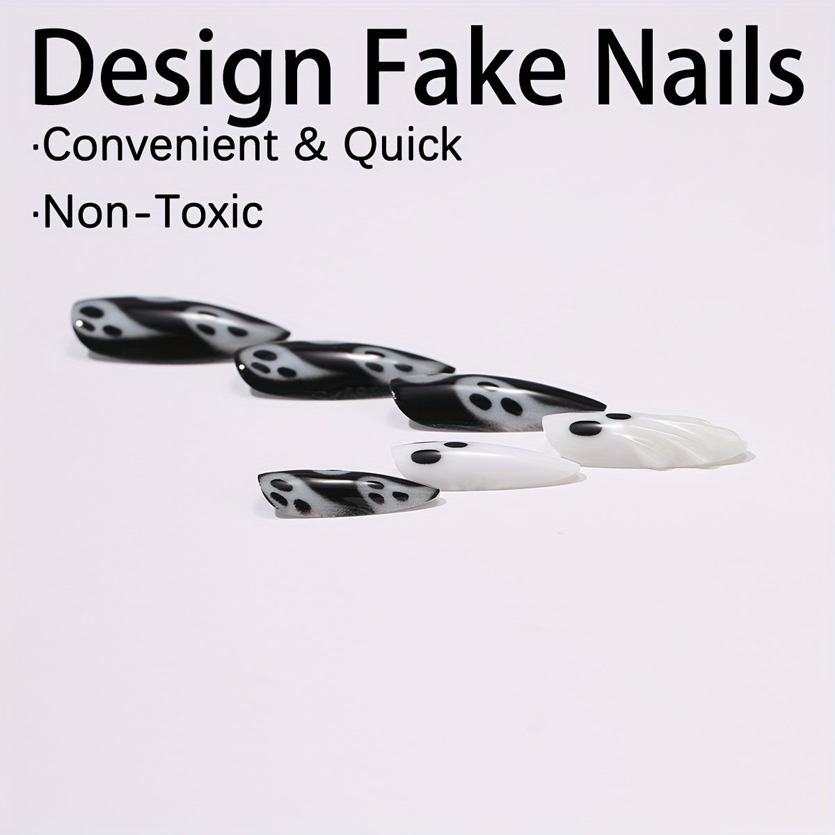 TEMU 24pcs Medium-length Almond Press-on Nails - Black & White With 3d Cartoon White , Glossy Finish, Machine-made Artificial Nails For Halloween,