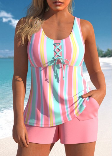 Modlily Lace Up Multi Stripe Print Pink Tankini Set - XL