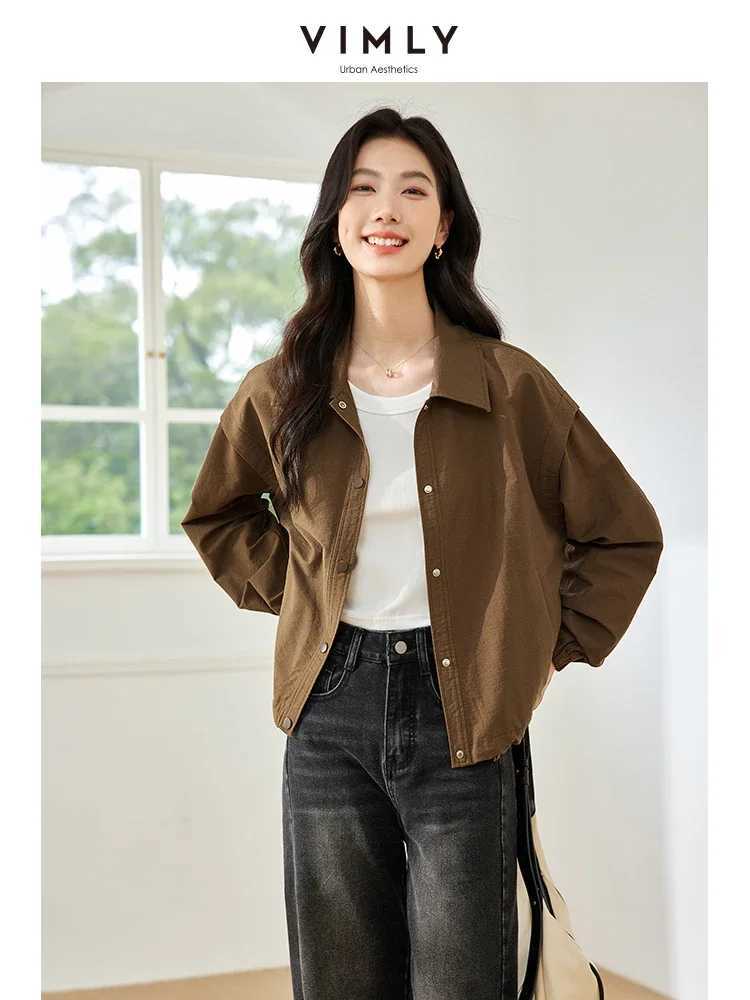 VIMLY Womens Simple Short Jacket Coat Autumn Button Baseball Aviator Cropped Jackets for Women Long Sleeve Commuter OuterwearX240920