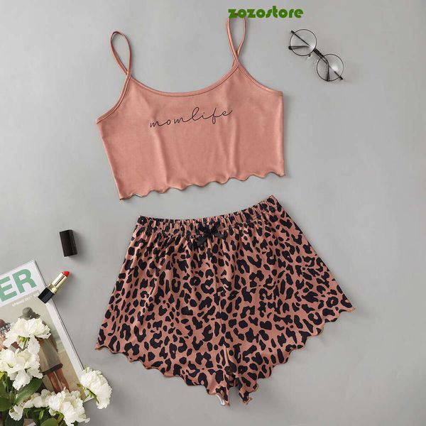 Women&#039;s 2Pcs Cute Soft Comfy Leopard Print Spaghetti Strap Shorts Sleepwear Sleeveless Sleepwear & Loungewear Pajama Set B3