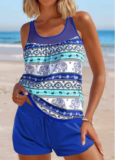 Modlily Mesh Tribal Print Purplish Blue Tankini Set - L