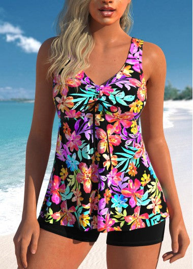 Modlily Drawstring Floral Print Multi Color Tankini Top - M