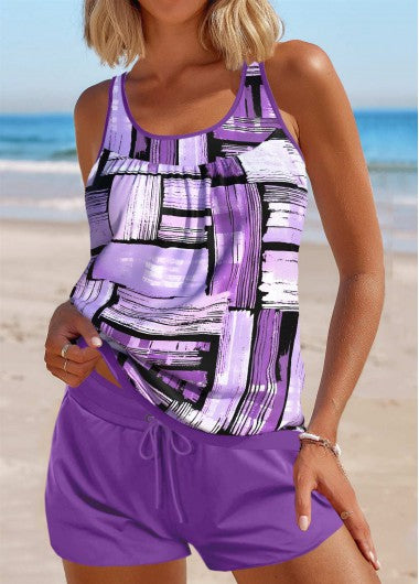Modlily Tie Geometric Print Purple Tankini Set - M