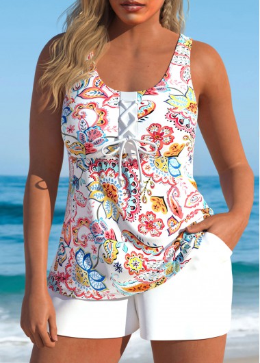 Modlily Lace Up Paisley Print White Tankini Set - M