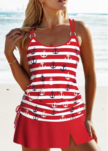 Modlily Circular Ring Striped Red Tankini Set - S