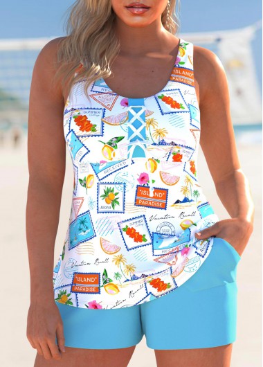 Modlily Lace Up Letter Print Cyan Tankini Set - M