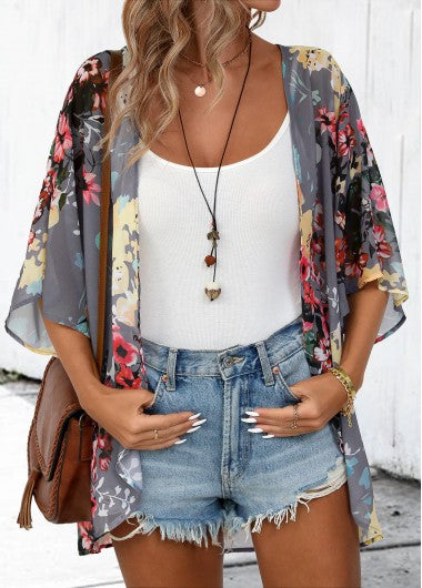 Modlily Dark Grey Floral Print 3-4 Sleeve Light Cardigan - M