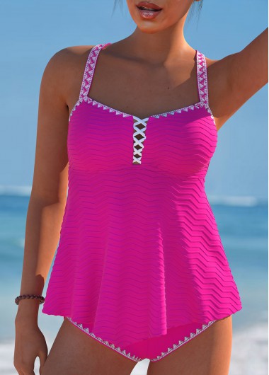 Modlily Criss Cross Circular Ring Hot Pink Tankini Set - M