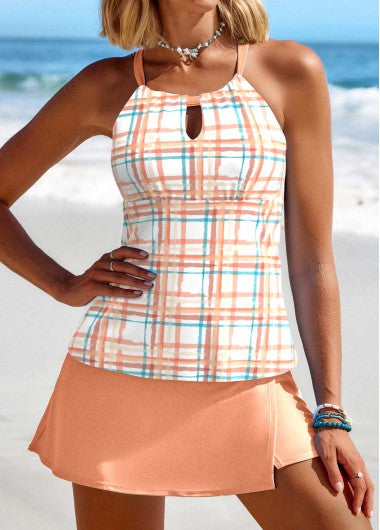 Modlily Cut Out Geometric Print Orange Tankini Set - XL