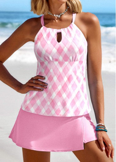 Modlily Cut Out Geometric Print Light Pink Tankini Set - L